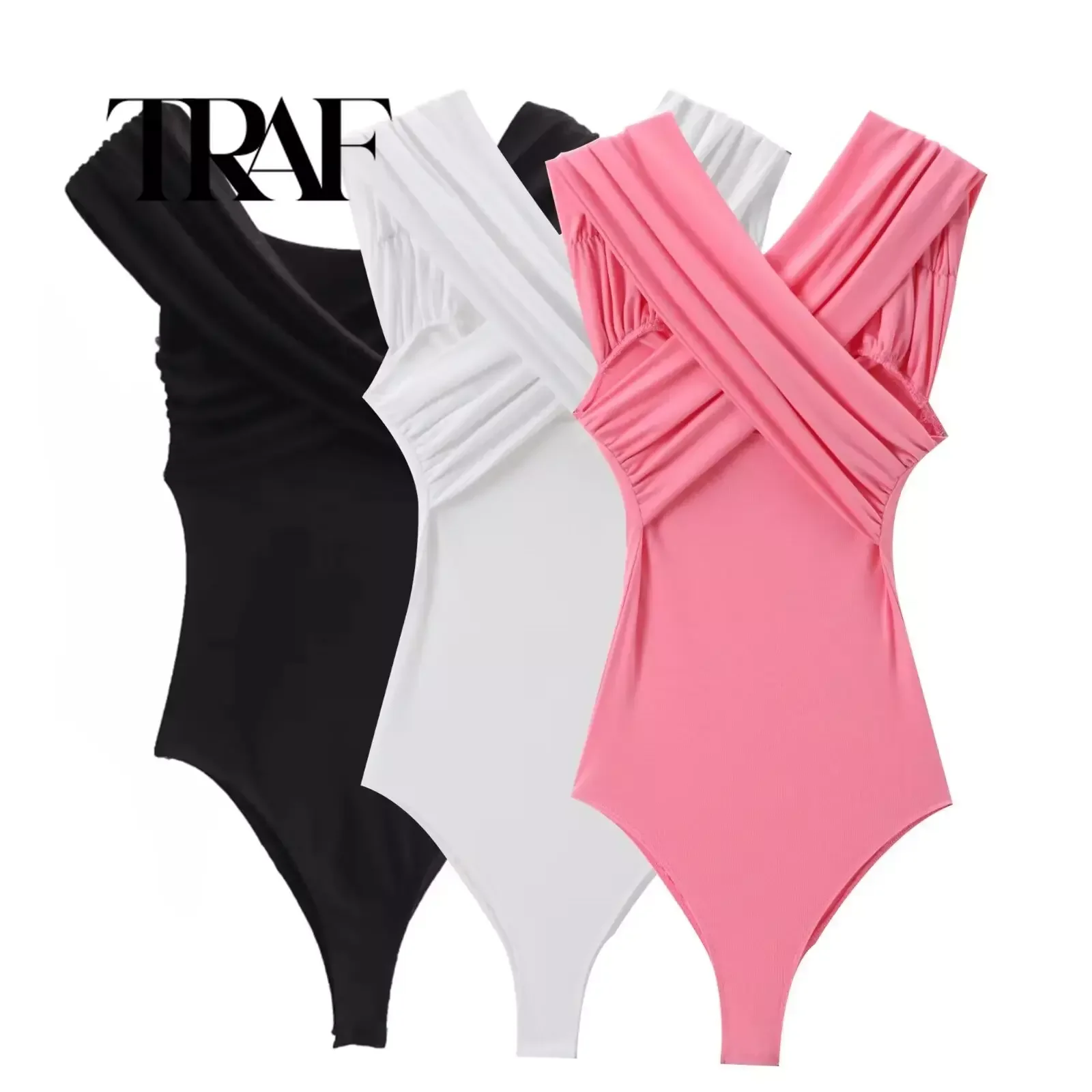 TRAF Black Off Shoulder Women Skinny Bodysuit 2024 Summer Sleeveless Backless Strapless Female Playsuit Jumpsuit Y2K