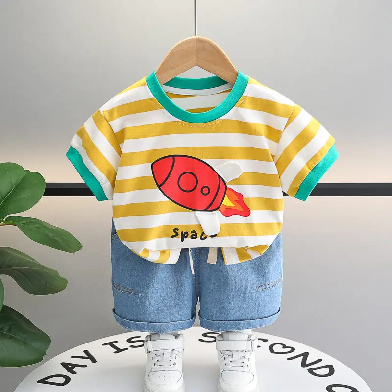 Kids Boys Girls Summer Clothes Cotton Strips Sports Suit Infant Space T Shirt Shorts Children Clothing Tracksuits Set 0-5 Years