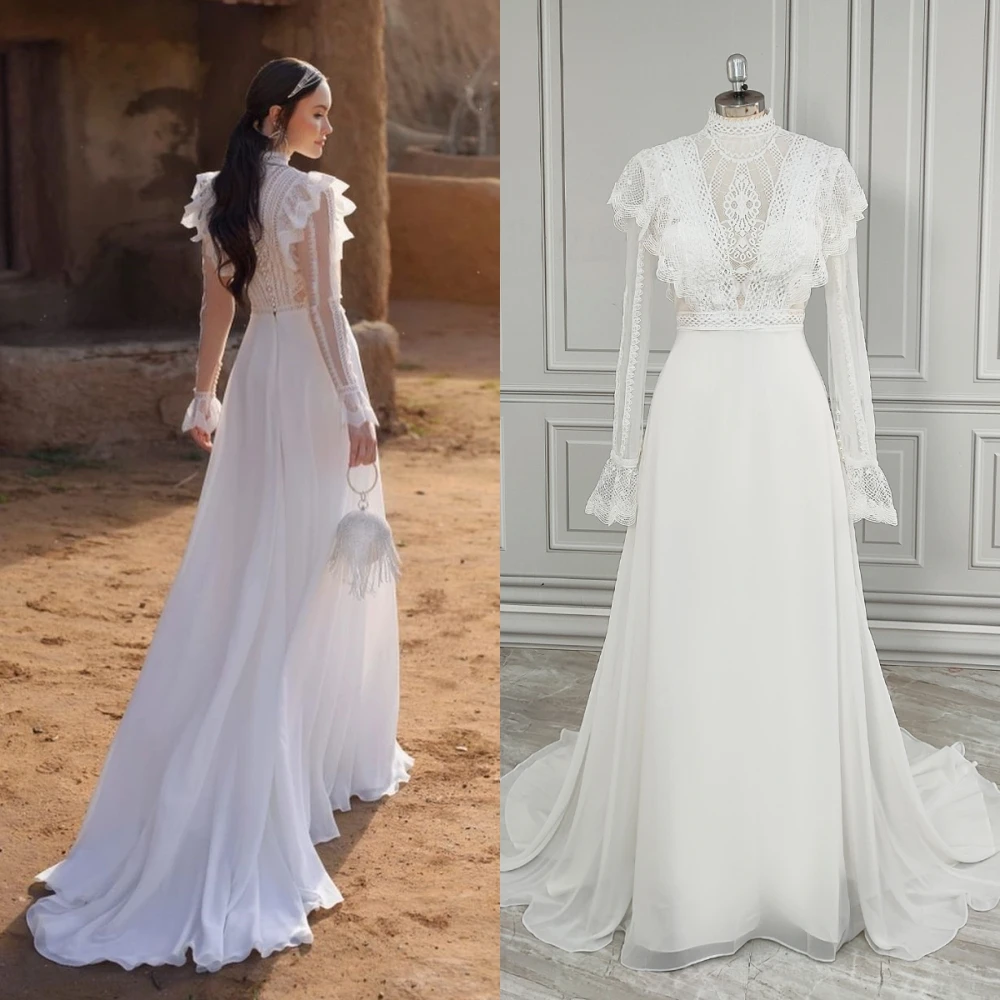 

18266# 100% Real Photos Simple Highe Neck Sweep Train Chiffon Wedding Dress Boho Illusion Back Bridal Gown For Women 2024