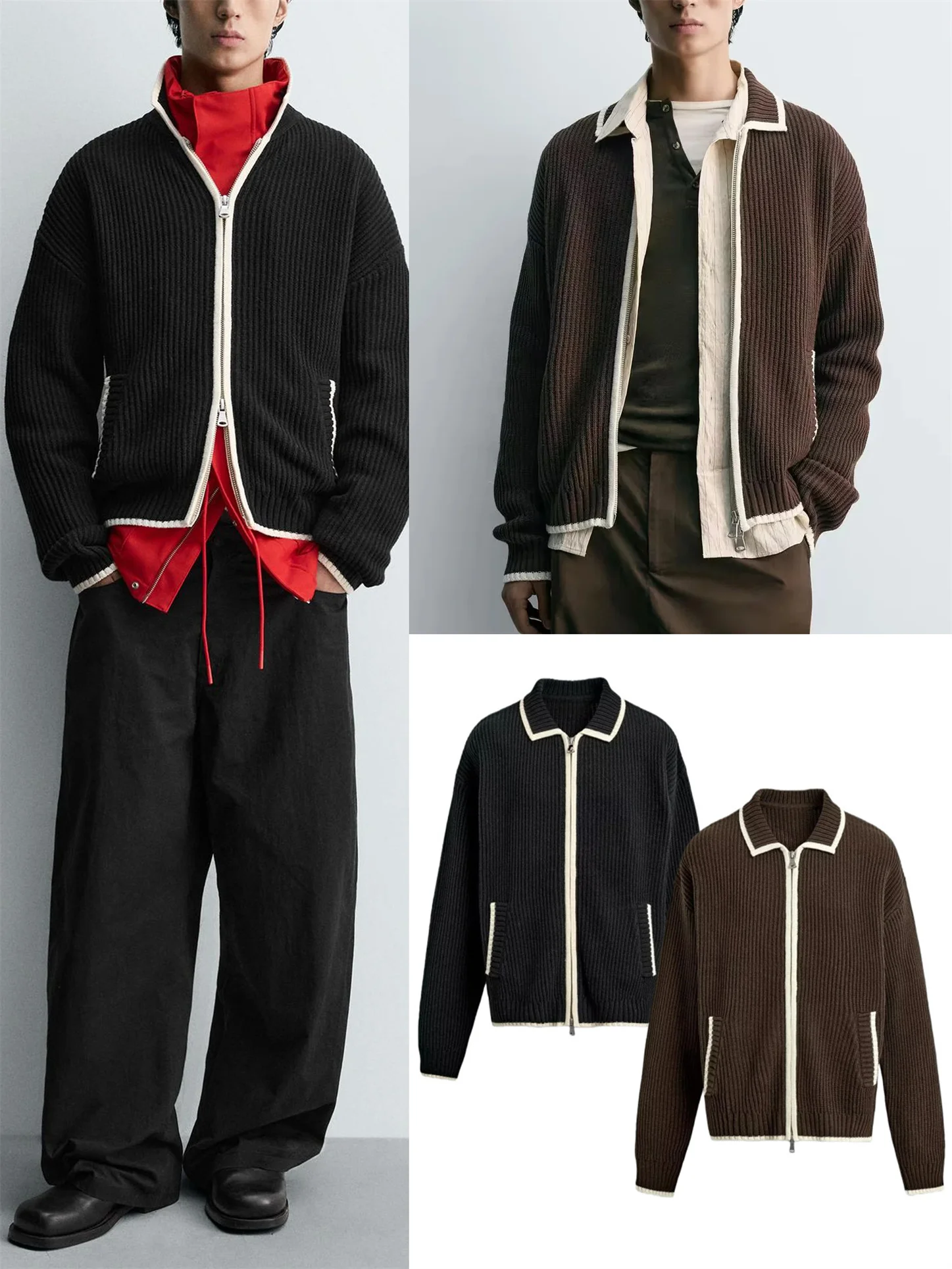 

Faionable Loose Color Blo Ribbed Zipper Knitted Open Cardigan Men's Autumn New Arrival Casual Breathable Long Sve Sweater