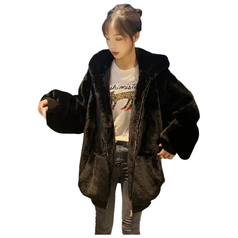 Korean Style Women's Winter Jacket Plush Fur Coat Medium Length Thickened Hooded Coat Artificial Otter Rabbit Fur Leather