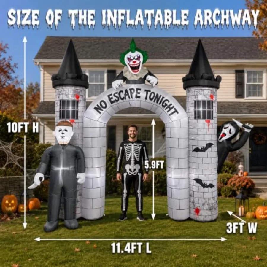 10FT Halloween Inflatable Archway Outdoor Decorations with Built-in LEDs, PVC material, orange and black, weather-resistant and