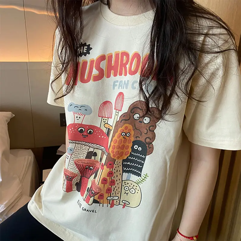 Cotton Material Retro Apricot Mushroom Cute T Shirts O-neck Casual Summer Woman Tshirts 2022 Fashion Streetwear Kawaii Clothes