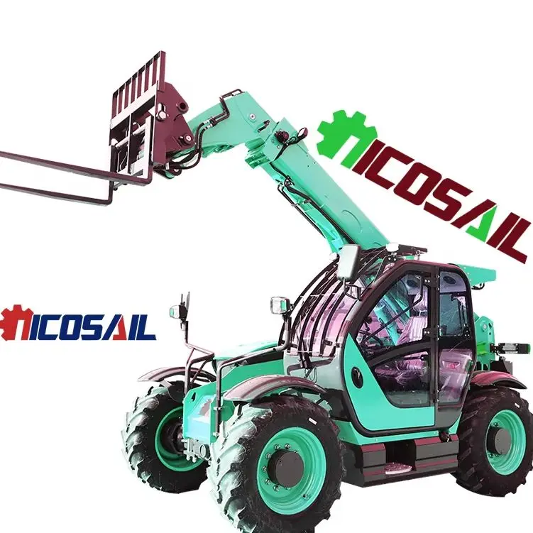 

Telescopic arm forklift with wide dark wheel rims and large cargo forks suitable for large sports arena construction