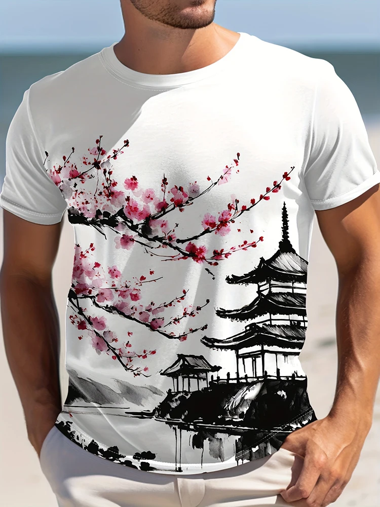 

Retro Oriental Style Men's Short-sleeved Top Summer Fashion Plum Ink Painting Printed Men's T-shirt Everyday Casual Men's T-shir