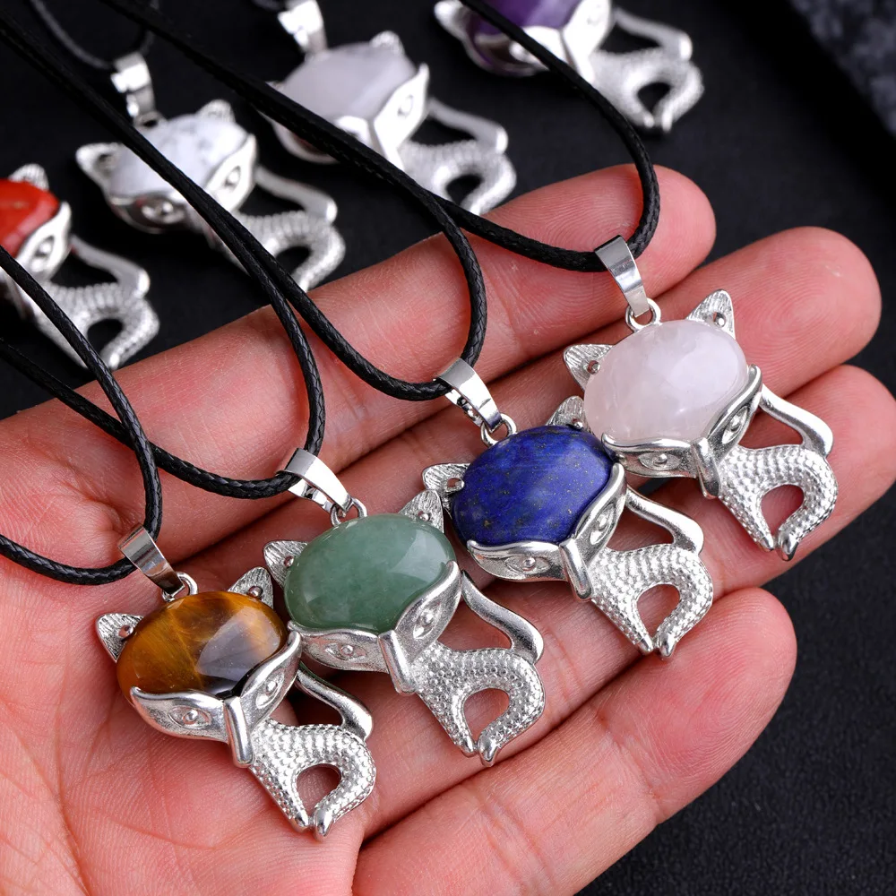 10pc-10Leather rope/Alloy-set natural stone crystal agate Fox Necklace Pendant