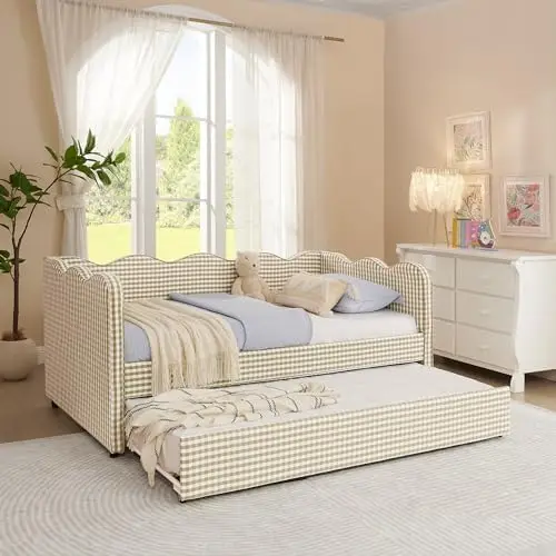 Twin to King Size Daybed with Trundle, Plaid Linen Upholstered Day Bed Frame with USB Charging Port and Wave Backrest