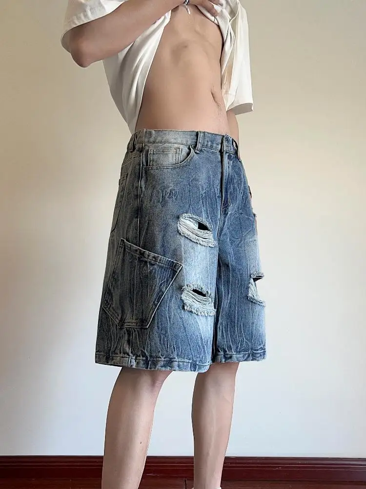 

Мужские рваные джинсы-скинни, летние тонкие свободные прямые брюки в американском уличном стиле, повседневные брюки-капри с молнией на средней талии