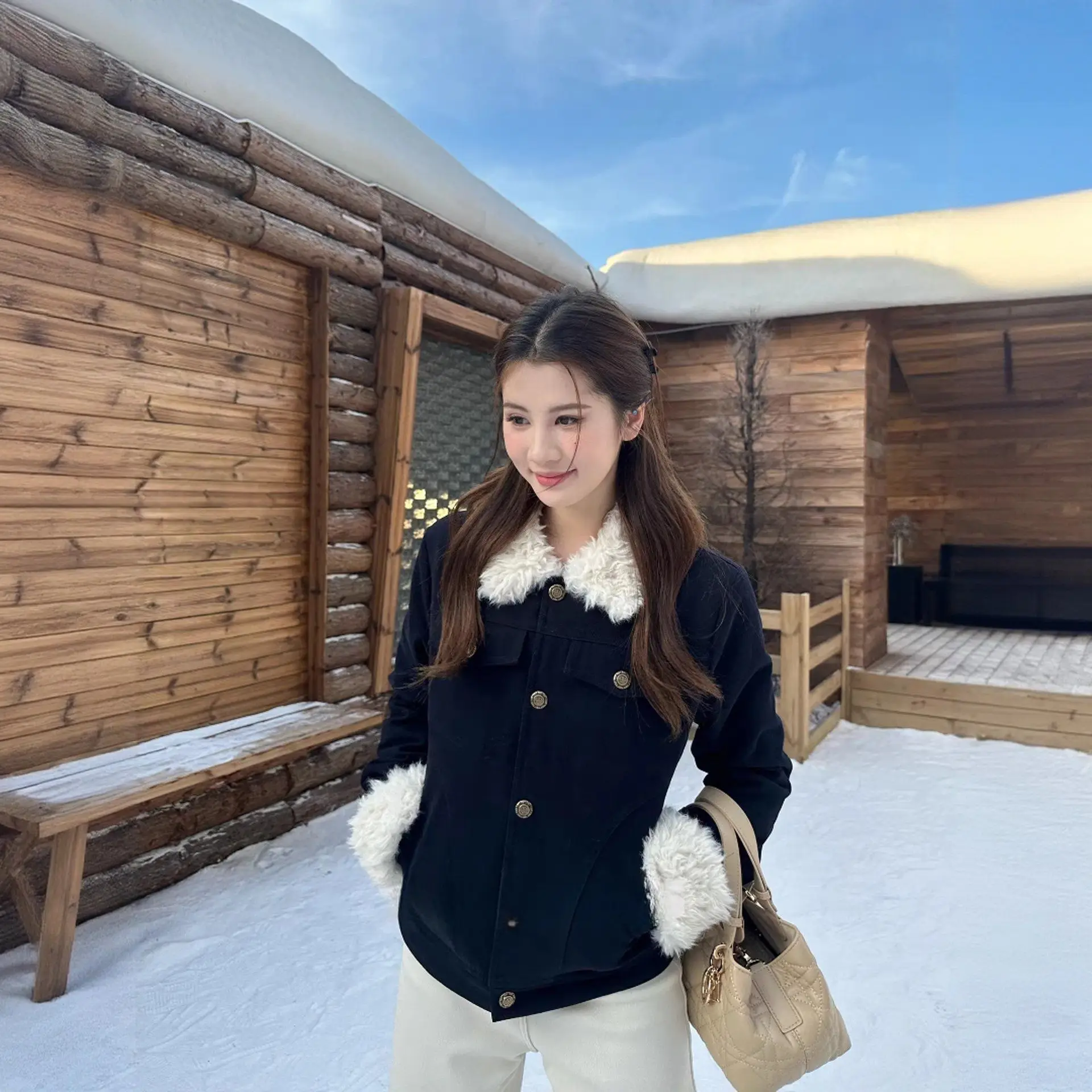 Faux Lambswool Patchwork Short Quilted Cotton Jacket Coat Women Retro Slim Navy Blue Padded Coat Female Workwear Style Outerwear