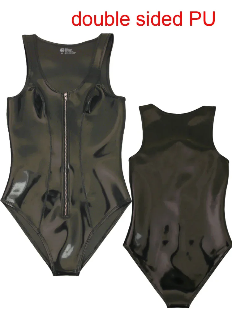Sexy Women Double Sided PU High Cut Bodysuit Faux Leather Tank Top Wet Look PVC Maid Tights Latex Waterproof Leotard Catsuit
