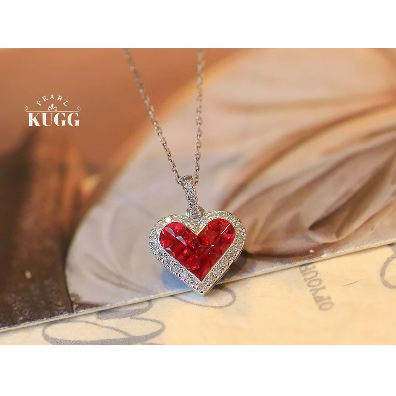

KUGG 100% 18K White/Yellow Gold Necklace Elegant Heart Shape Shiny Diamond Natural Ruby Pendant Necklace for Women Fine Jewelry