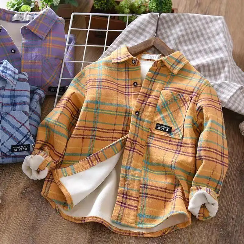 

Boys' Shirt Spring and Autumn Winter Fashion Children's Checkered Long Sleeve Top Made of Pure Cotton with Thick Velvet Coat