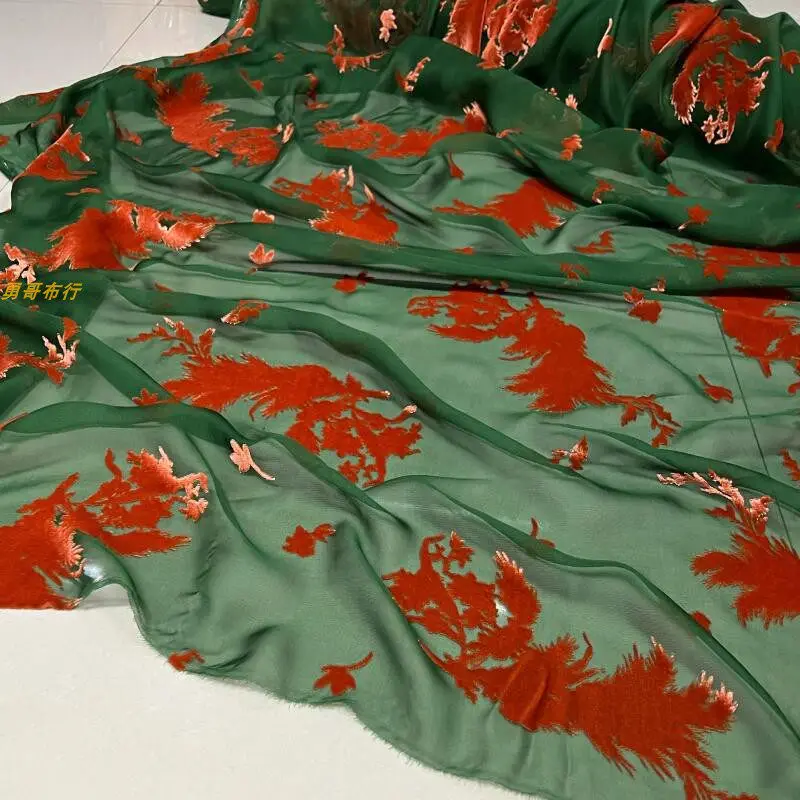 High Density Grass Green Real Velvet Burnt out Fabric Silk See-through Cool Coat Skirt Dress Cheongsam Fashion Cloth