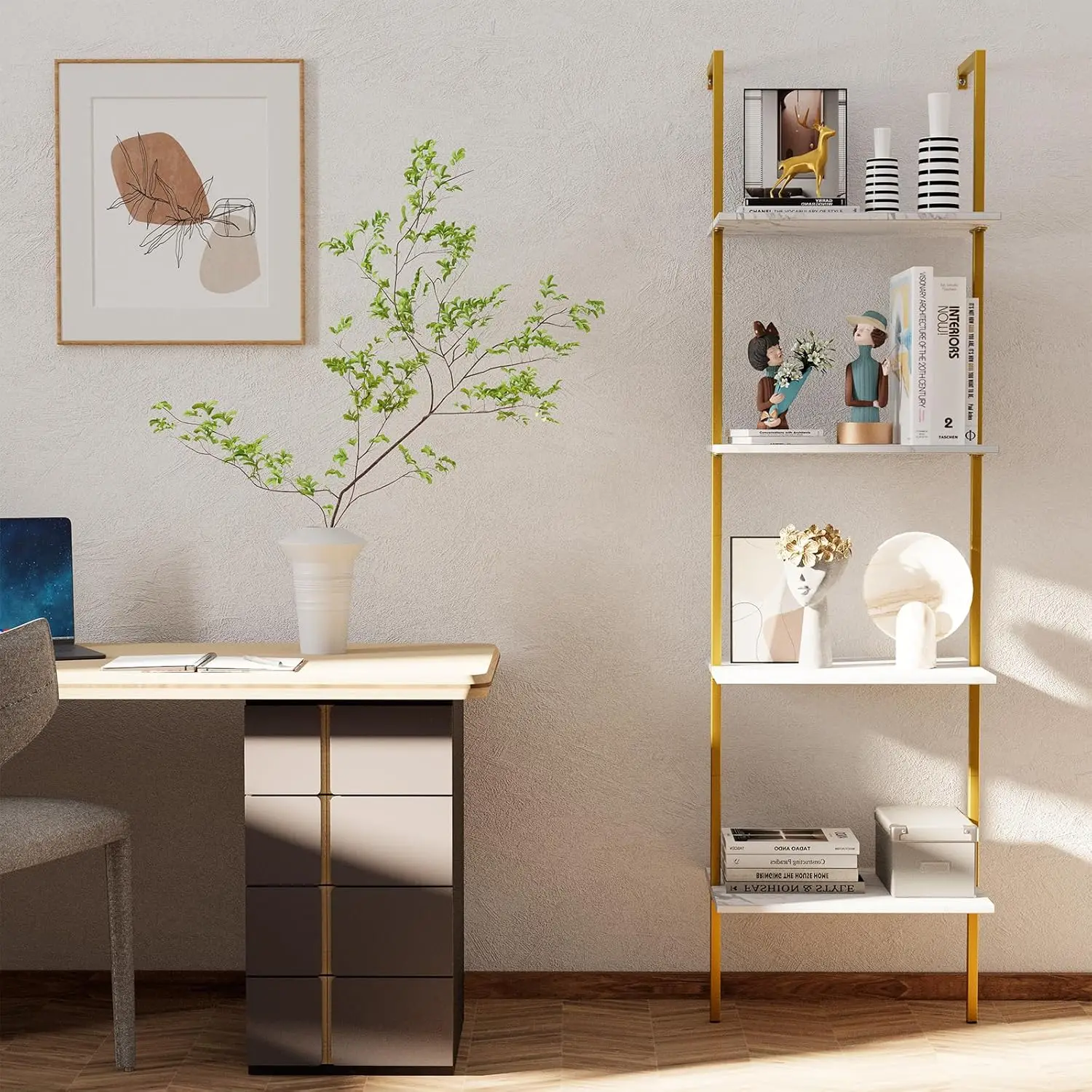 Ladder Shelf 4 Tiers    Industrial Bookshelf,White Marble Wood Tall Open Storage Rack and Display Shelves,Wall Mount Wid