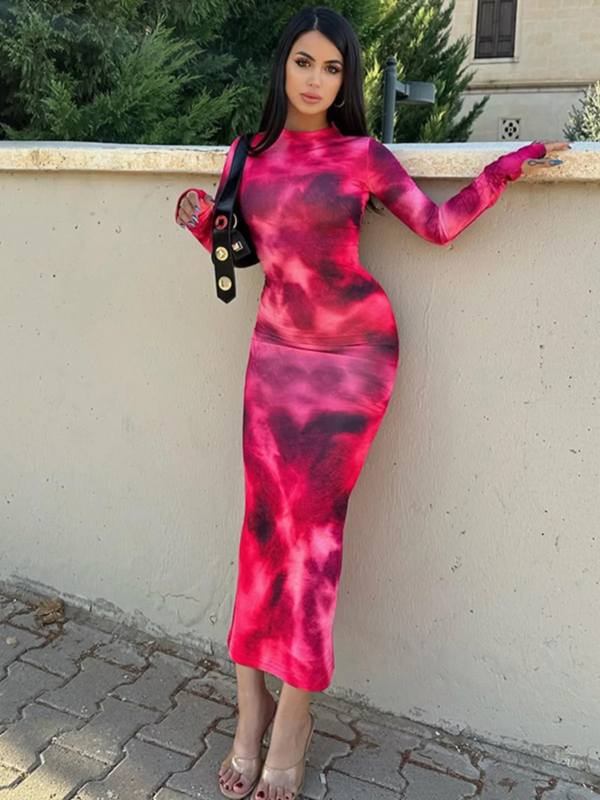 Autumn New Style round Neck Tie Dye Slim Fit mid Length Long Sleeve Dress One Step Skirt Vintage Print Midi Dress Polyester F...