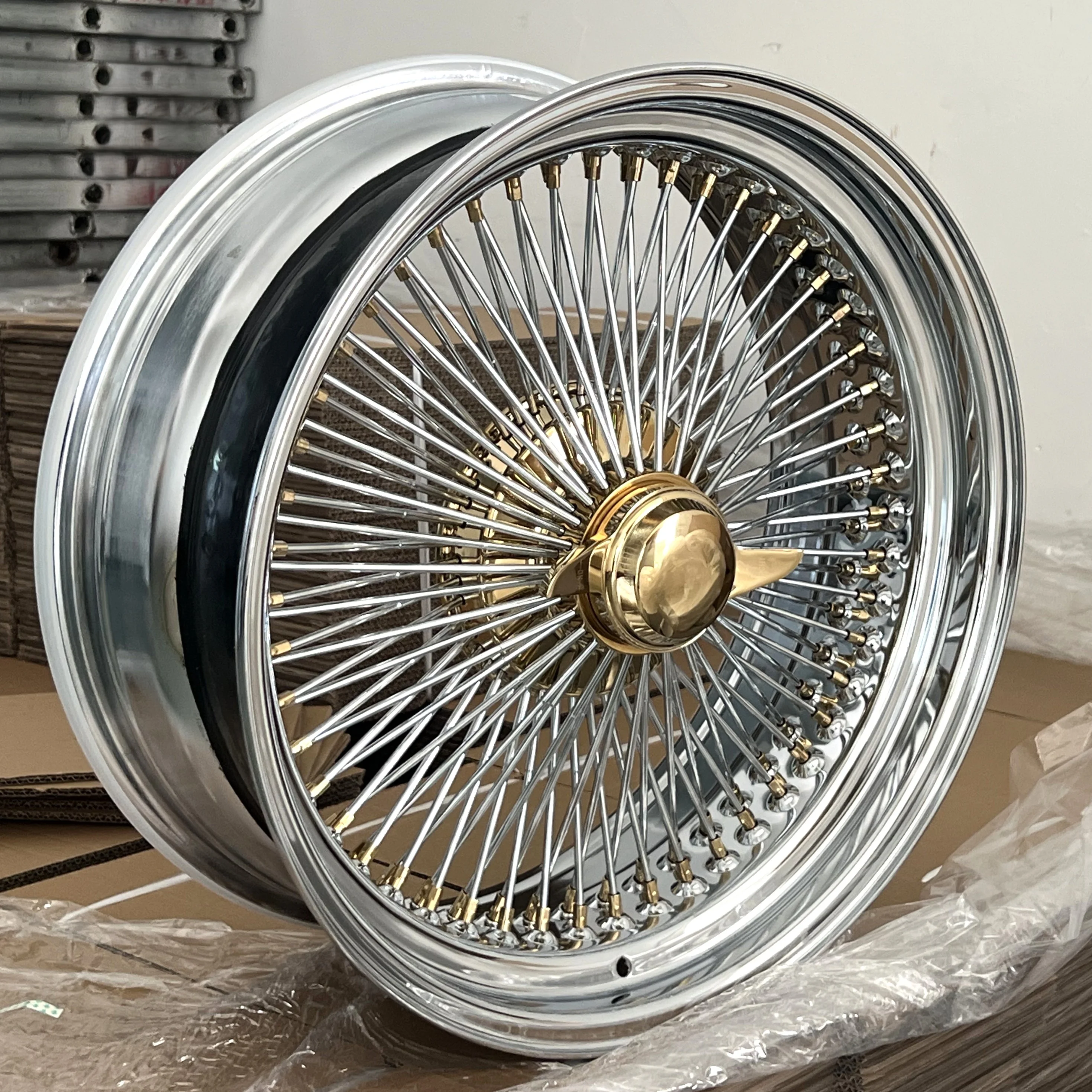 New 20X8 Inch Straight Lace Wire Wheel with 100 Spokes Standard Triple Gold  Steel Wire Rim Includes 2 bar Spinner and Adapter