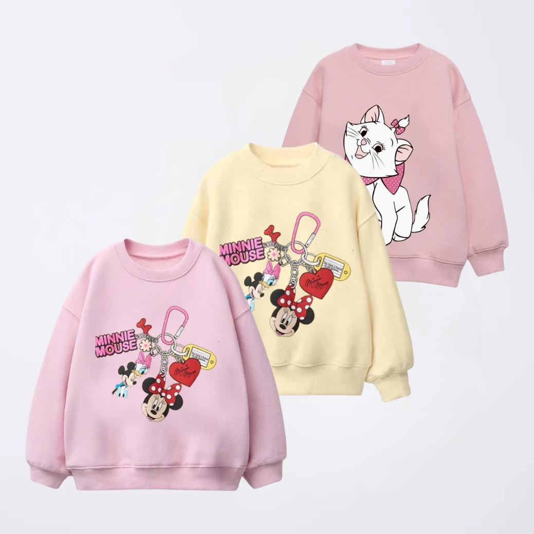 Sudadera de dibujos animados de Disney para niñas, Tops de manga larga, ropa de primavera y otoño, ropa bonita con estampado de Minnie para niños, Sudadera con capucha de cuello redondo