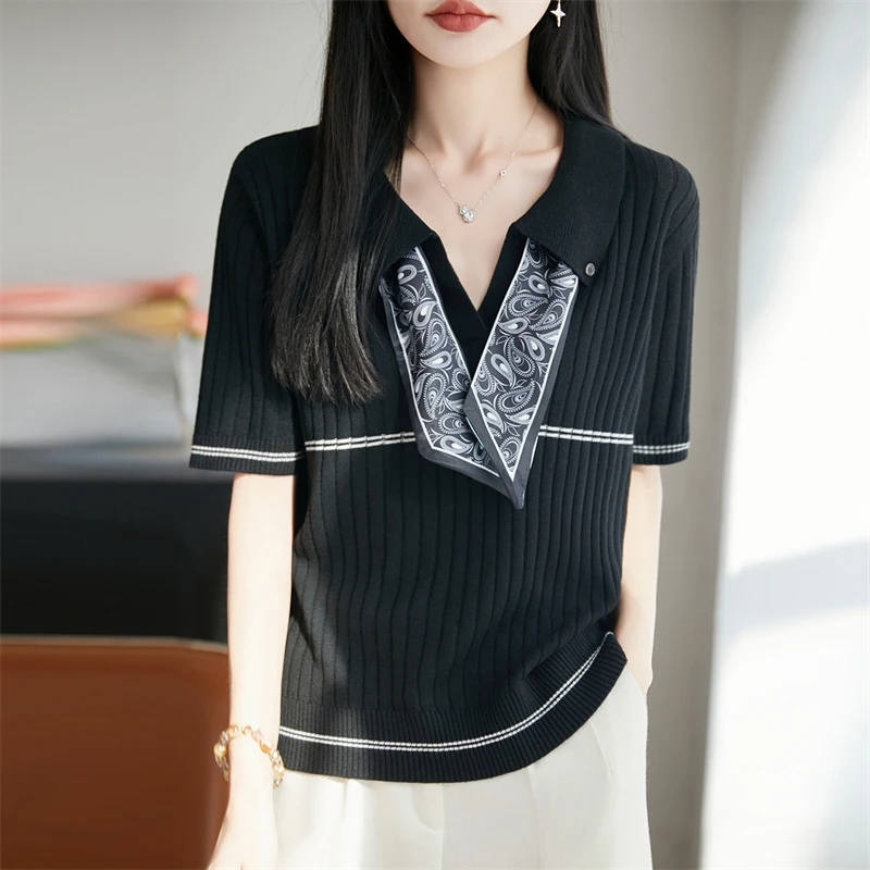 Women's POLO collar T-shirt summer new wool knitted short sleeved casual stripe… - Image 2