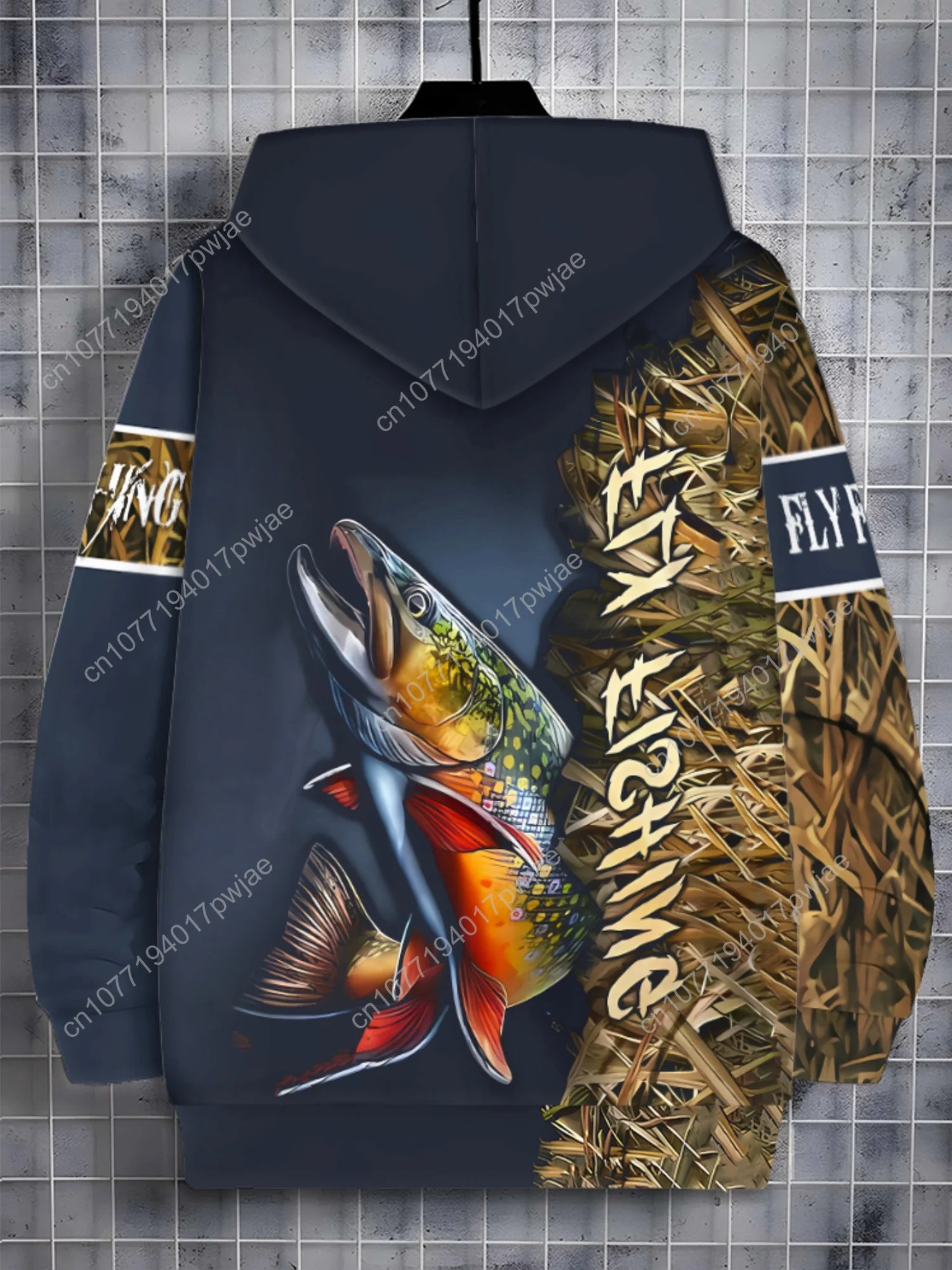 [Mapie temático de pesca] Moletom masculino de poliéster durável com tema de pesca – Azul marinho com estampa de peixe vibrante, leve e confortável