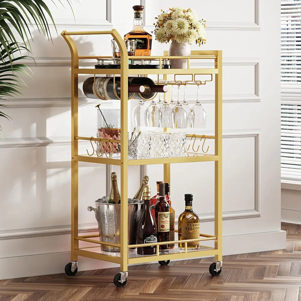 

Bar cart, home bar service cart with 3-tier mirror stand, wine cart, beverage cart, mobile kitchen rack, rolling drink cart