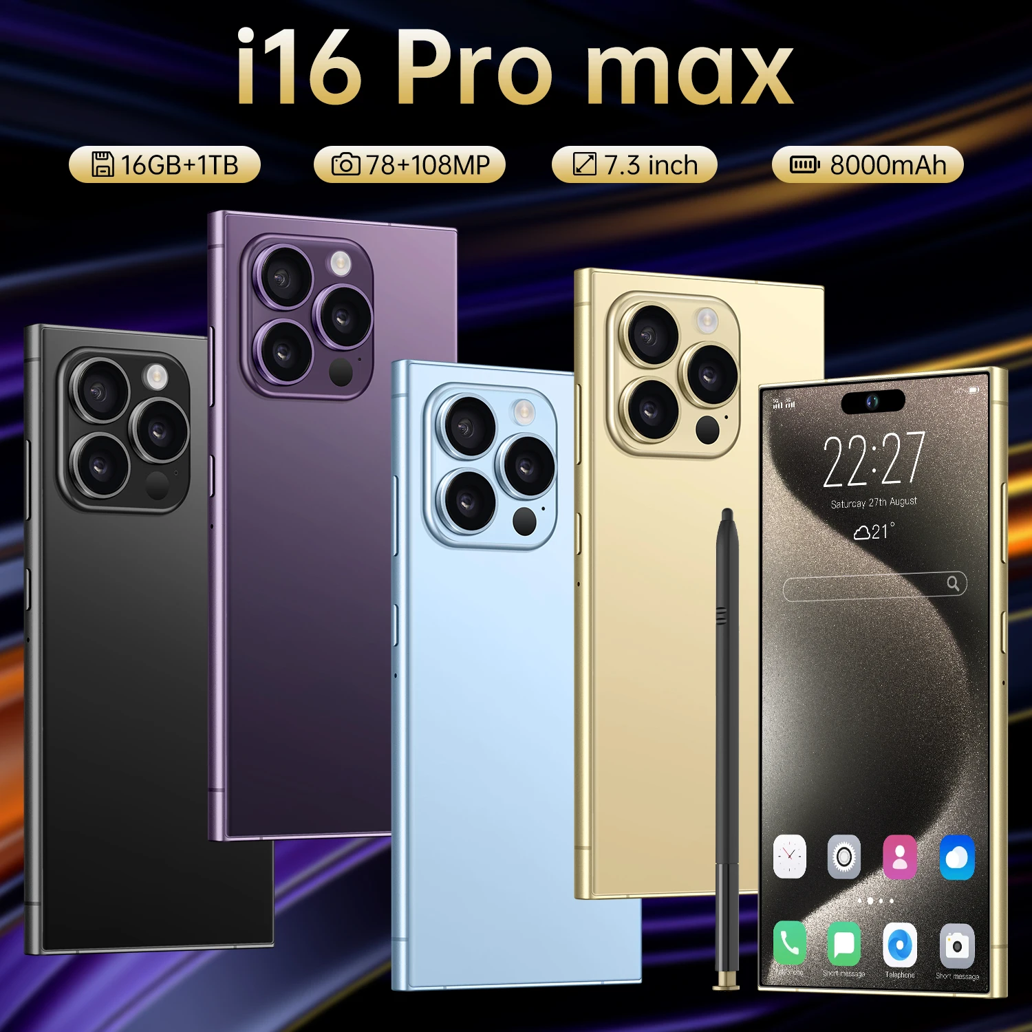 Handys i16 Pro Max Smartphone, 7,3 HD-Bildschirm, Original 5g, Dual-Sim, Android, entsperrtes Handy, globale Version