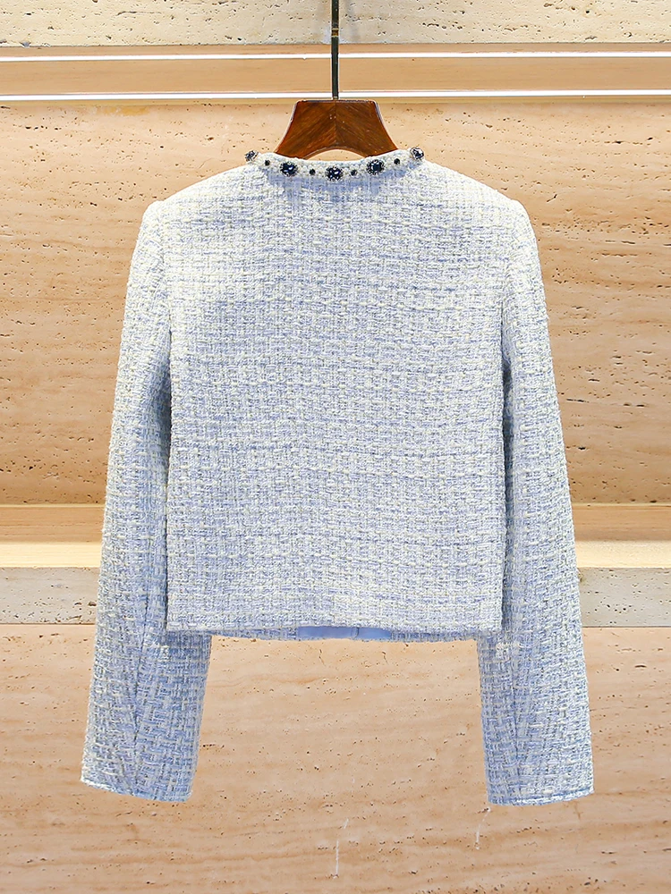 

High-End Women's ort Coat Diamond Embellied Tweed Spring Faion Commute Sle round Ne Single Button Closure Pure Color