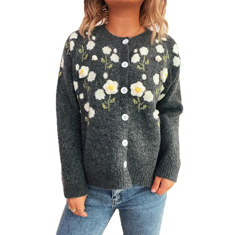 かわいい花の刺繍立体装飾ラウンドネック長袖シングルブレストセーターカーディガン