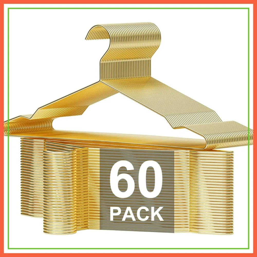 

60 Pack Gold Metal Clothes Hangers with Notches, Heavy Duty Space-Saving for Coats Shirts Suits Pants
