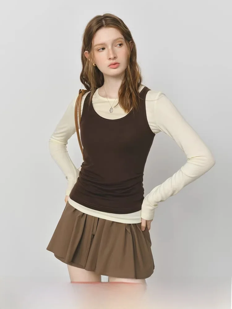 

Женский комплект Fensi Lanen: шерстяная майка и футболка с цветными вставками, повседневный стиль, круглый вырез, длинный рукав, осенняя одежда