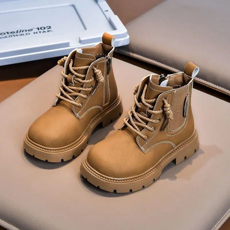 

2026 Kids Boys Leather Short Boots Warm Fleece Lined Fashion Yellow Winter Shoes for Medium Big Children New Autumn Winter Style