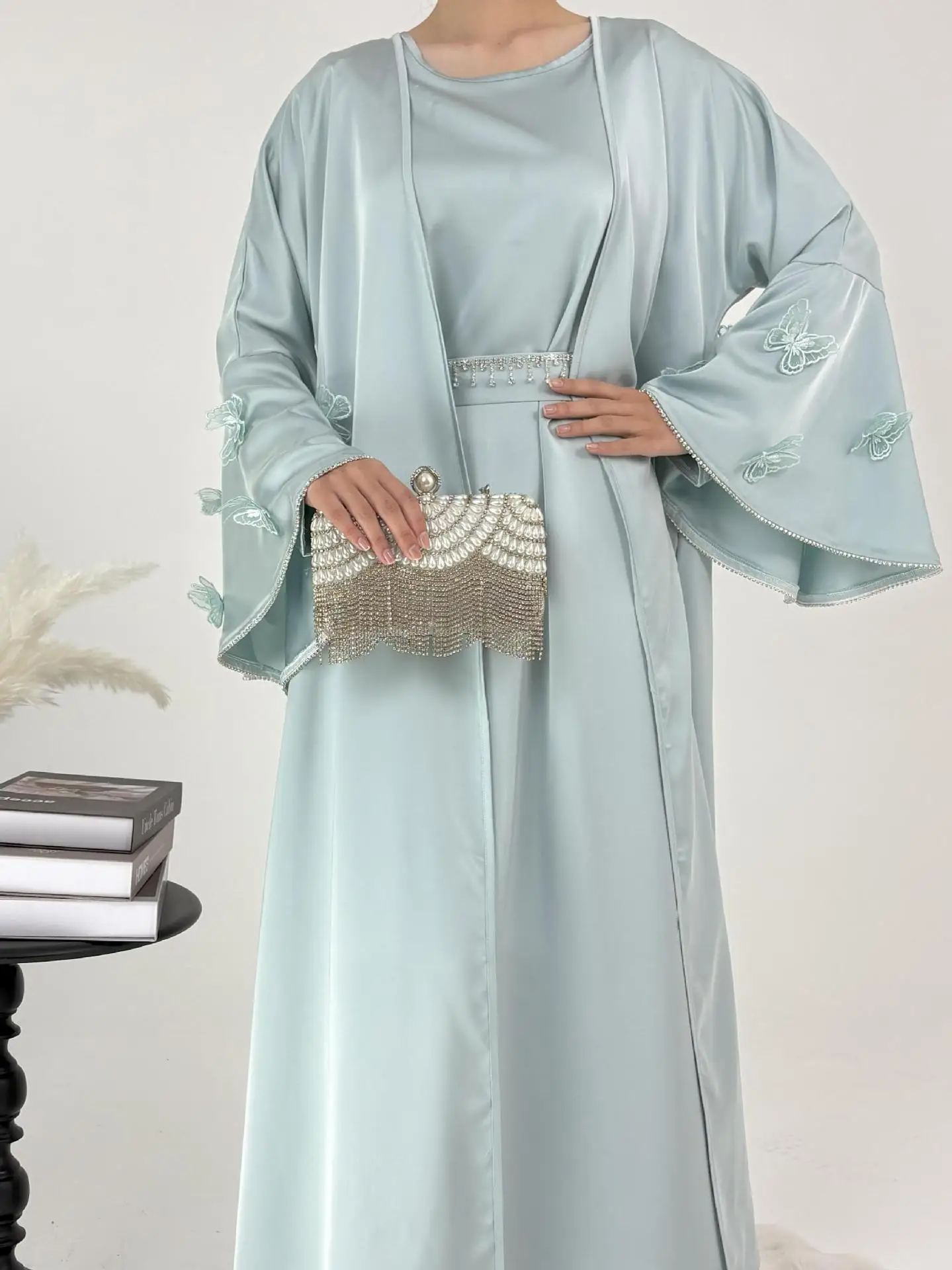 Set musulmani 2 pezzi Donna aperta Abaya Diamond Kimono Abito interno Set Turchia Dubai Caftano Eid Party Ramadan Caftano Arabo Rob Abito
