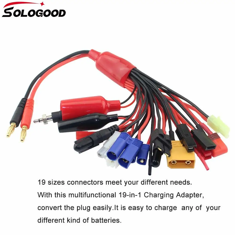 SoloGood 19 in1 RC Lipo Battery Charger Adapter Convert Cable 4mm Banana Plug to Traxxa JST FUTABAS/T-Plug XT90 EC3 EC5