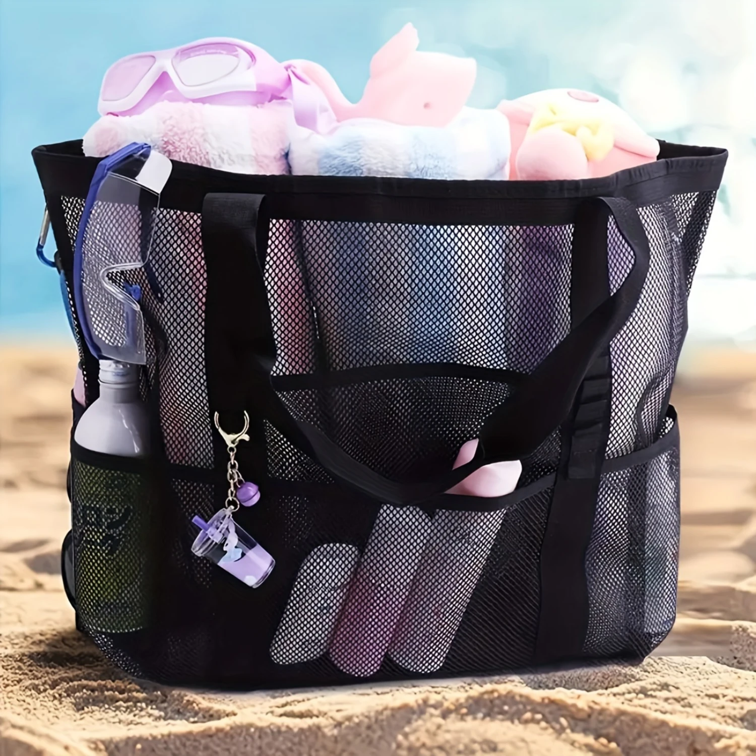 Portable Mesh Beach Bag, Makeup Travel  Wash Bag, Large Capacity Portable Multi-pocket Beach Bag Swimming Bag