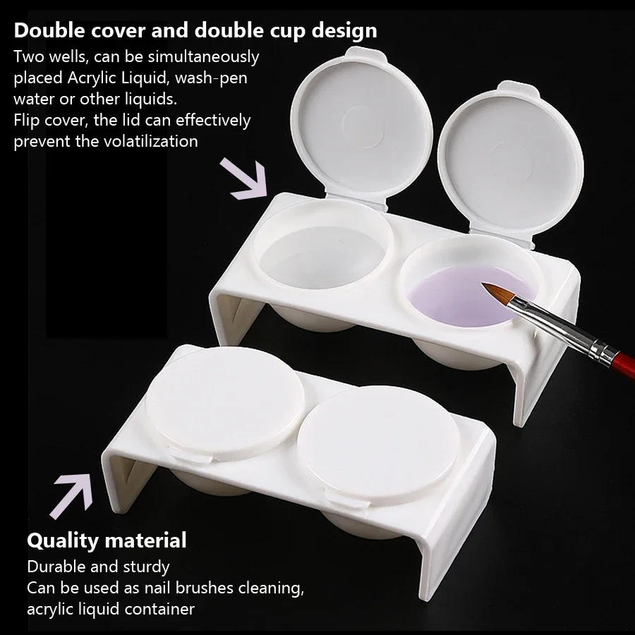 2Pcs White Acrylic Liquid Dappen Dish, Twin Cup Nail Art Pigment Holder for Monomer Nail Brushes Washing Manicure Tool