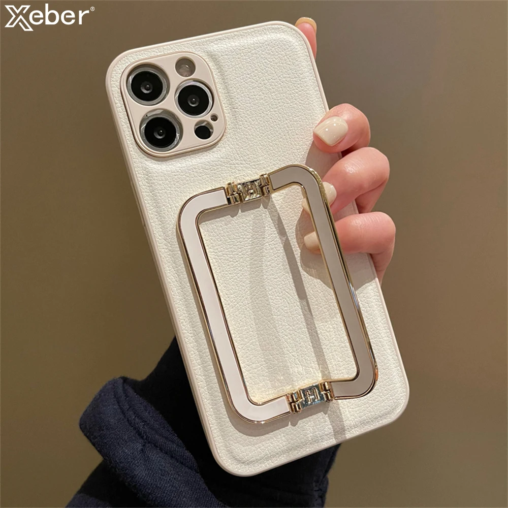 Luxury Leather Metal Fold Stand Bracket Holder Case For iPhone 16 15 14 11 12 13 Pro Max XS X 8 7 Plus Shockproof Silicone Cover