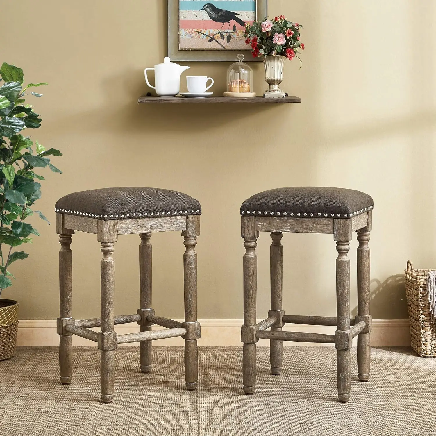 26 Inch Seat Height Counter Stool Upholstered Kitchen Bar Stools Weathered Oak Finish,Grey Fabric 2-Pack