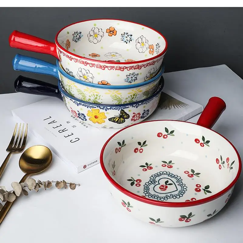 

Японская керамическая чаша для выпечки с ручной росписью, ручка для фруктового салата, духовка, специальное запеченное рисовое растение, цветы