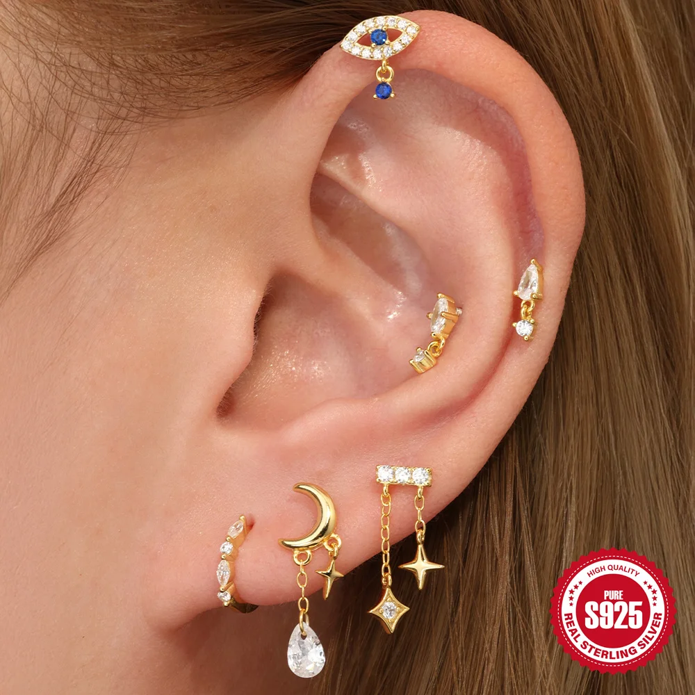 

CANNER 925 sterling Silver Moon Star Tassel/Blue Devil's Eye Zircon Stud Earrings for Women 1pc Exquisite Earrings Jewelry Gift