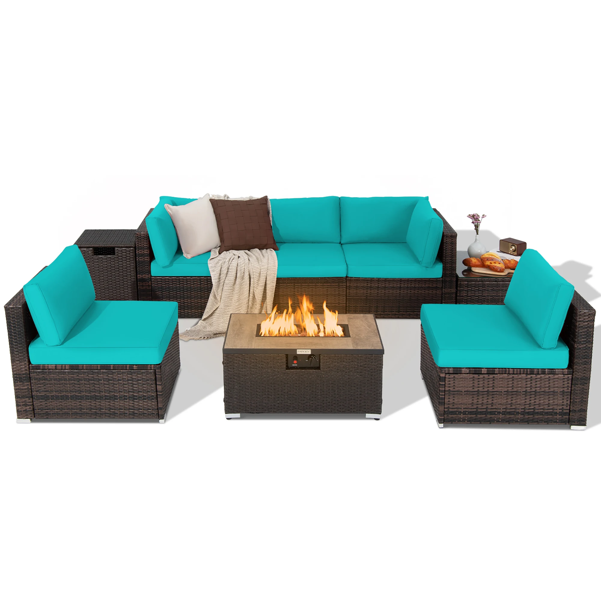 8PCS Patio Rattan Furniture Set Fire Pit Table Tank Holder Cover Deck Turquoise