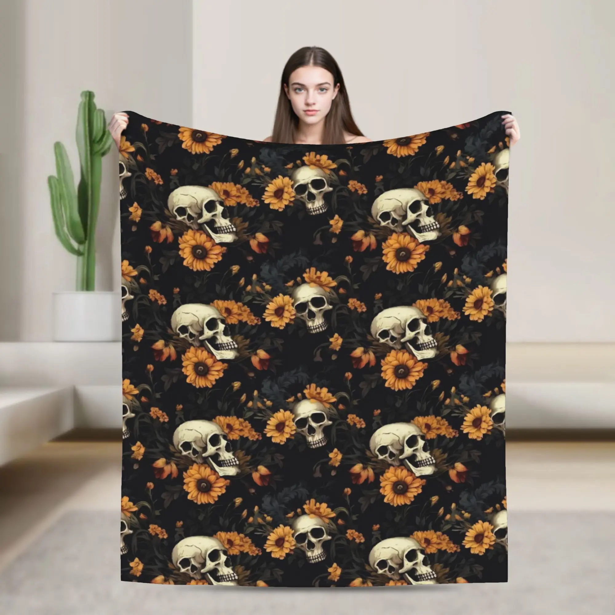 Halloween Skulls And Flowers Gothic Goth Blanket Multi-size Cozy and Lightweight  Throw Blankets for Sofa Couch and Bed