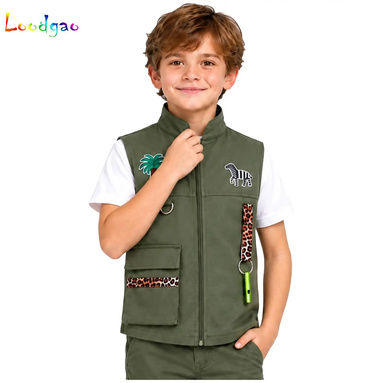 Youth Girls Boys Outdoor Hiking Camping Waistcoat Kids Explorer Costume Leopard Zookeeper Vest Sleeveless Jacket with Whistle
