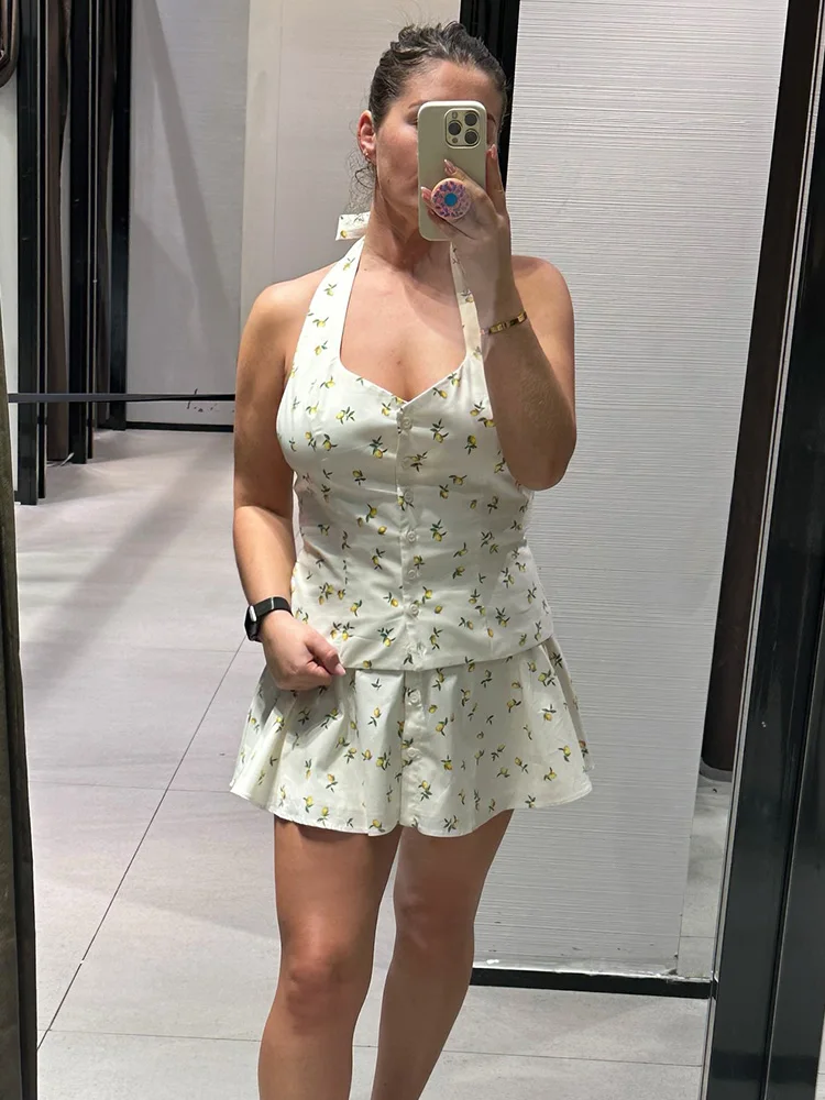 

TRAFZA Women Chic Lemon Prints Bow Decorate Sleeveless Hanging Neck Collar Design Top+Slim High Waist Pleated Button Skirt Suit