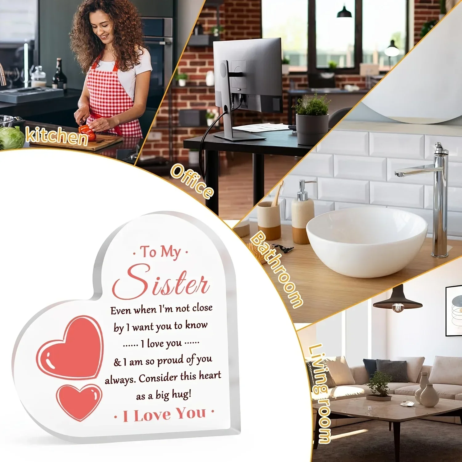 Sister Gift Heart Shaped Acrylic Ornament, Warm Family Quote Tabletop Decor for Birthday Holiday view 3