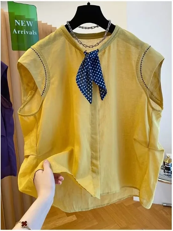 

Ele Yellow Linen Svel irt Women's Summer 2025 New Unique Beautiful Scarf Matching Flng Sve irt