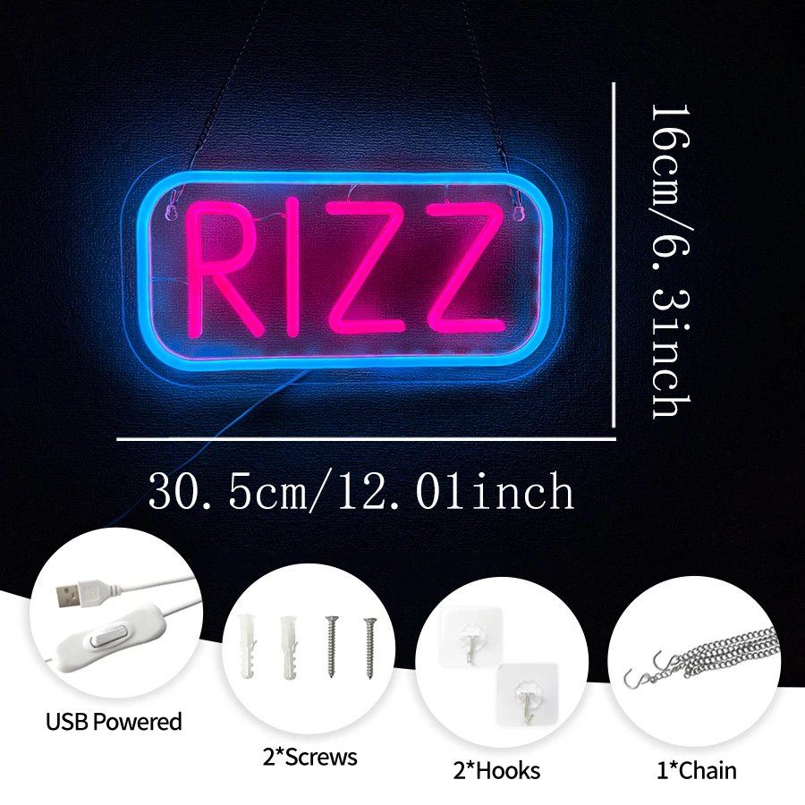 Rizz Led Neon Sign, Used For Wall Decor, Usb Powered, Bars, Cafes, Classrooms, Game Rooms, Offices, Man Cave Art Wall Lamps.