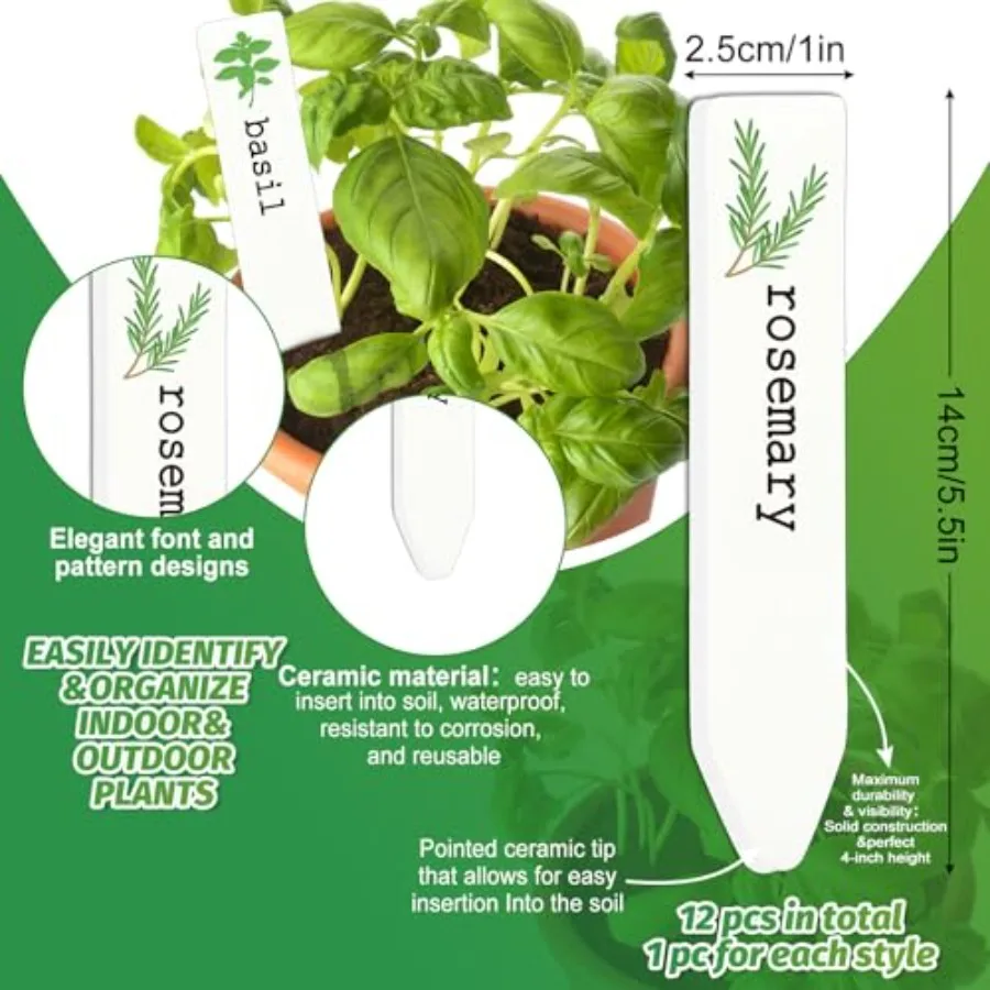 12Pcs Ceramic Herb Plant Label Signs 12 Styles Garden Herb Markers Waterproof Plant Name Stake Tags for Spring Summer Nursery I