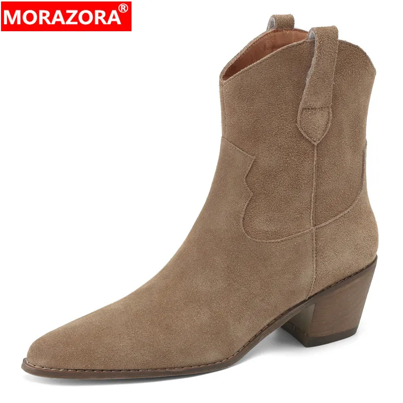 

MORAZORA Plus Size 34-43 New Cow Suede Leather Cowboy Western Boots Women Block Heels Slip On Autumn Winter Ankle Boots Shoes