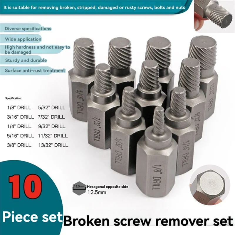 Vendita calda-Set di estrattori per viti multi-spline a spirale sinistra da 10 pezzi per strumenti per la rimozione di viti e bulloni rotti a testa esagonale