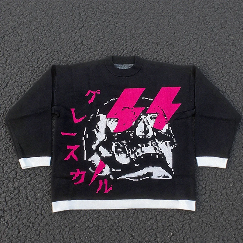 

Новый унисекс Y2K уличный стиль готический вязаный свитер с черепом и японским текстом и теплый свитер с молниями