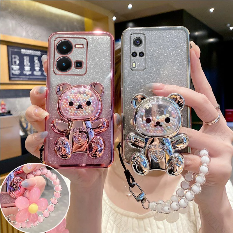 y 78 83 85 36 Flower Strap Bear Phone Holder Case For Vivo Y93 Y95 Y91 Y78 Y36 Y27 Y77 Y76 Y50 Y30 Y83 Y85 Y51 Y75 Stand Cover